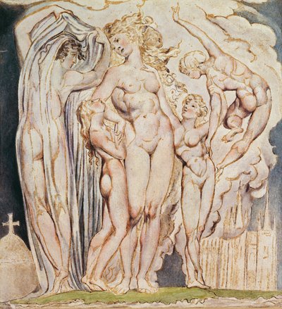 「柱に寄りかかる...」のための研究、「エルサレム」からの版32、1804-20（紙にペンとトイレ） 作： William Blake